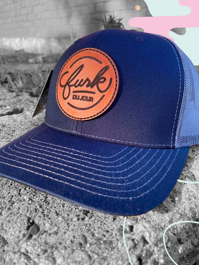 Funk du Jour navy with leather patch trucker cap