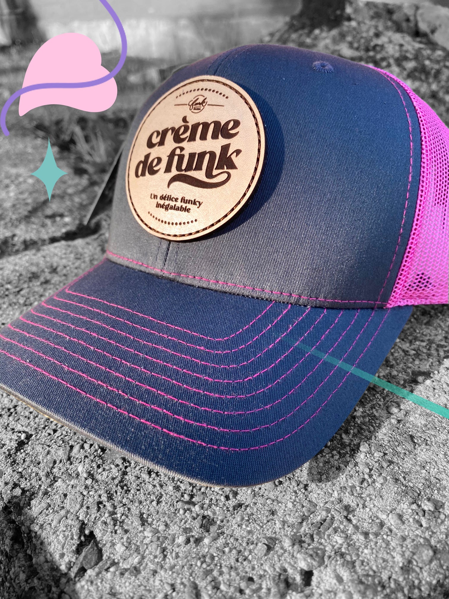 Crème de Funk fuscia and grey+ leather patch trucker cap